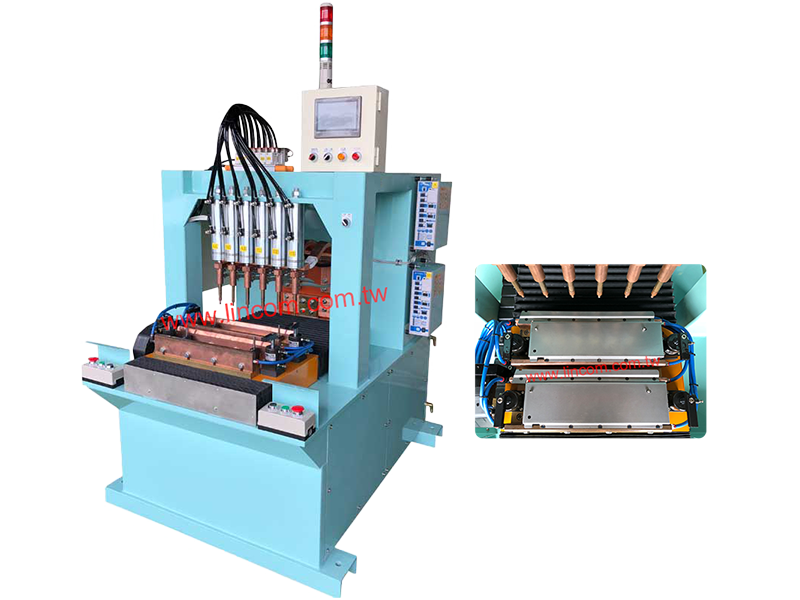 Multi head spot welder for welding shelves.