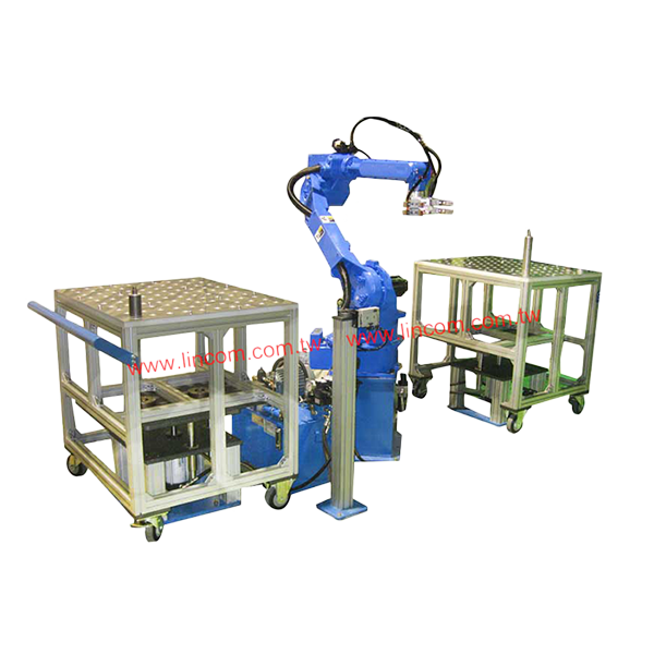 Robot arm picking materials.