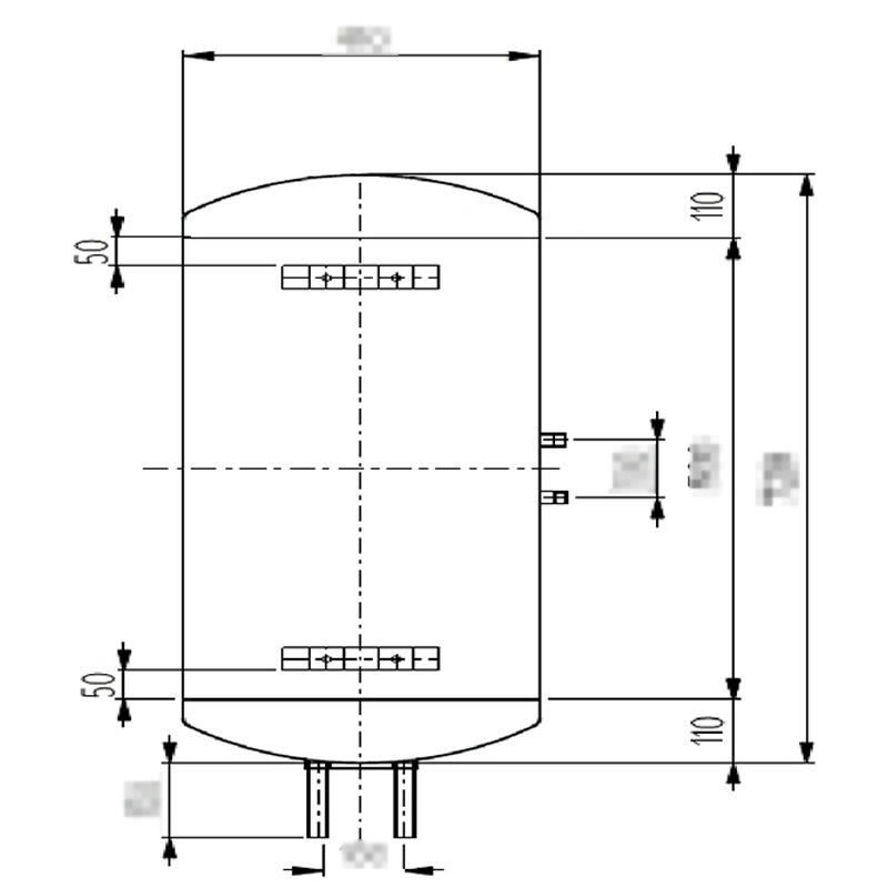 Profile drawing of water heater inner tank, 80 litre.