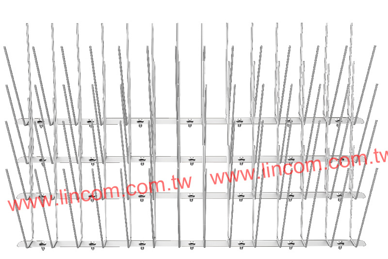 Bird spikes. Line wire is stainless steel 304 2b material, cross wire is stainless steel 304h material. Made in Taiwan.