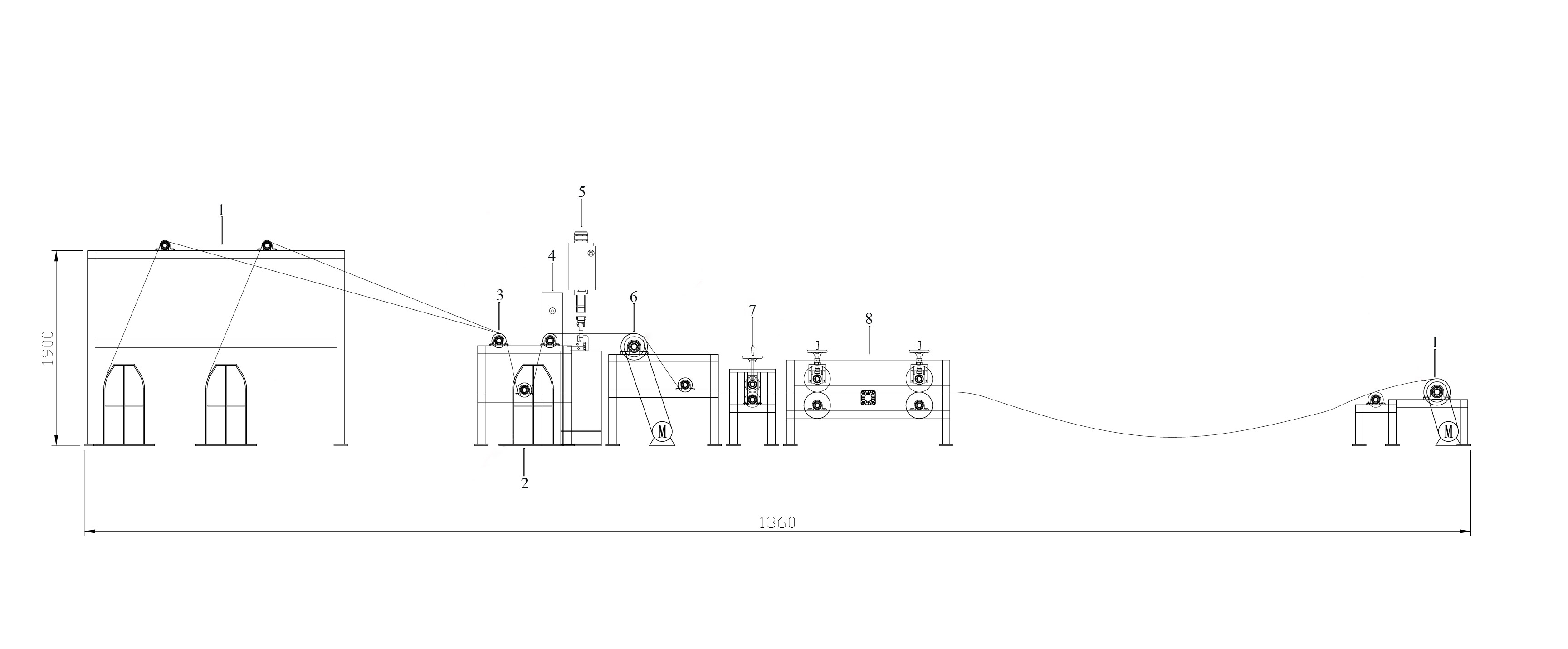 Machine layout drawing of reinforcement crimped mesh welding machine. Crimped wire mesh runout in coil. Taiwan machine.
