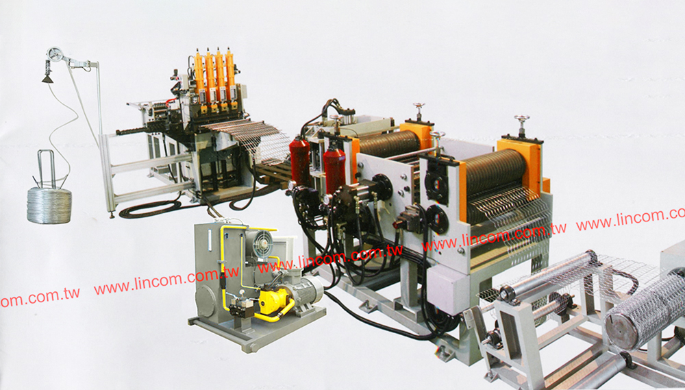 Pneumatic crimped wire mesh (pipe reinforcement) welding machine. Line wire by spool feed, cross wire precut auto feed.