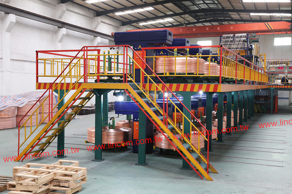 Oxygen free copper continuous casting. Machine made in Taiwan for bright copper rod. Copper melting rate 320 kwh/ton.