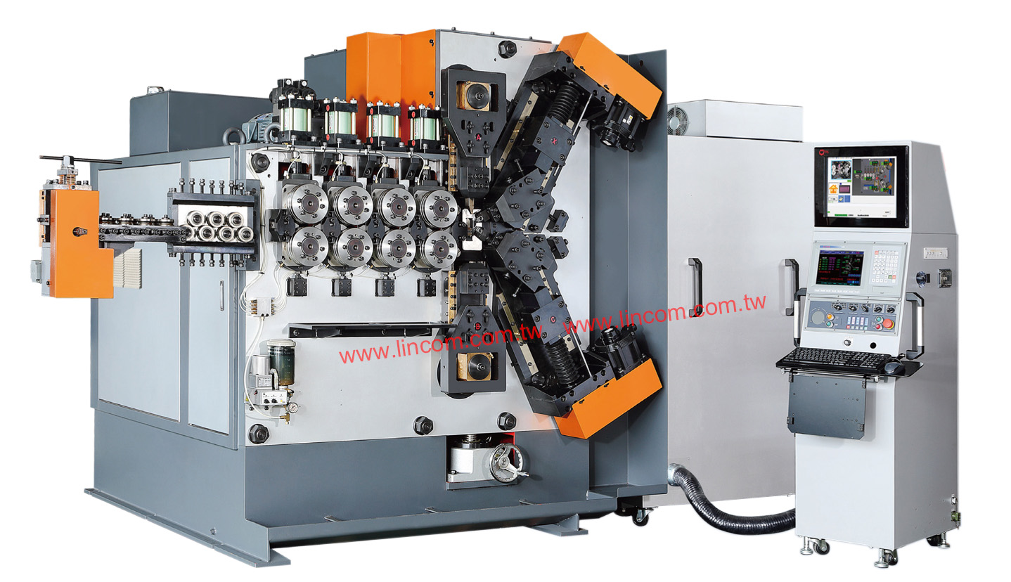 Car shock absorber spring making machine. 3D graphic operation interface reduces material waste. Spring wire diameter 4.5-10.