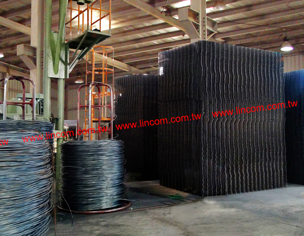 Rebar wire coiled in wire stands & finished welding type wire panels.